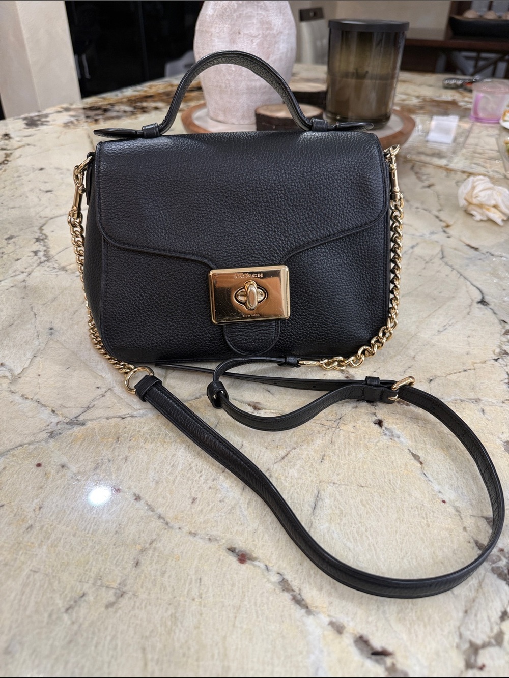 Coach Black Leather Crossbody with Gold-Tone Chain and Turnlock